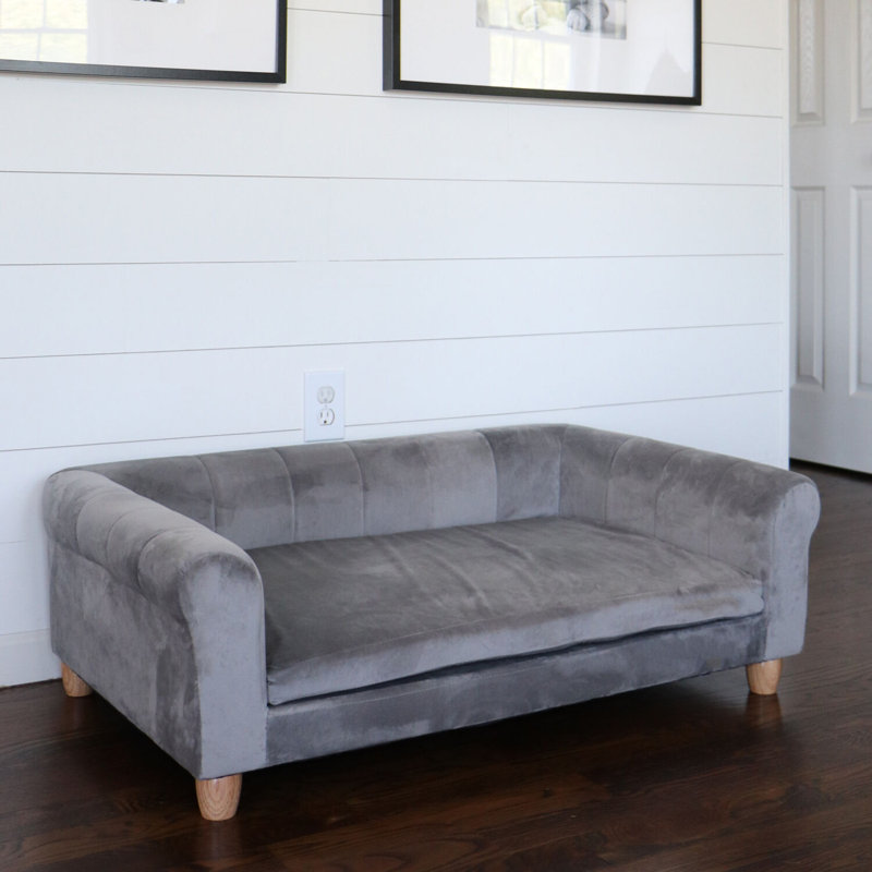 Elegant Gray Faux-Velvet Elevated Dog Bed with Wood Legs