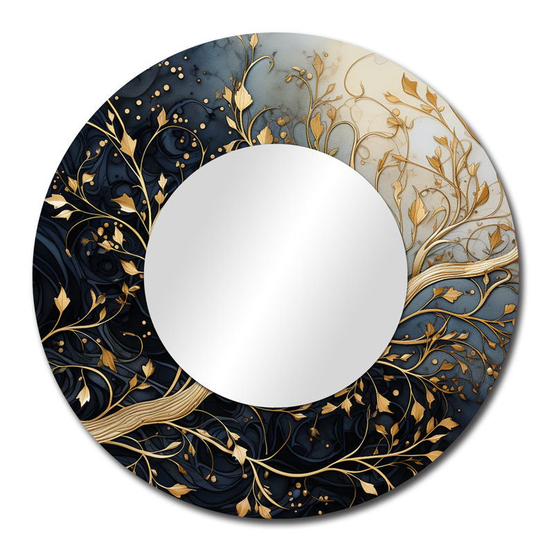 Golden Branch Tree Luminous Leave - Grey light Blue Floral  Wall Mirror, Modern Mirror, Printed Metal Art, 29" x 29", Round