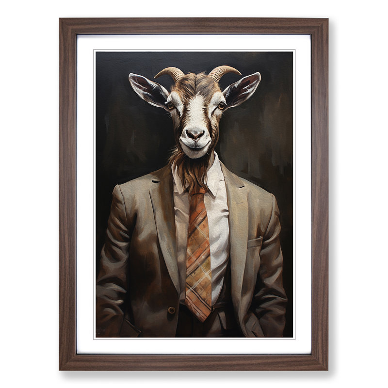 Goat In A Suit No.2 - Single Picture Frame Print on Wood, 64cm H x 46cm W, Walnut Framed
