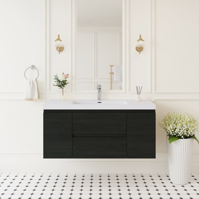 Fully Assembled 48" Modern Wall-Mounted Floating Bathroom Cabinet With Solid Surface Top Basin And Soft Close Drawers With Sink