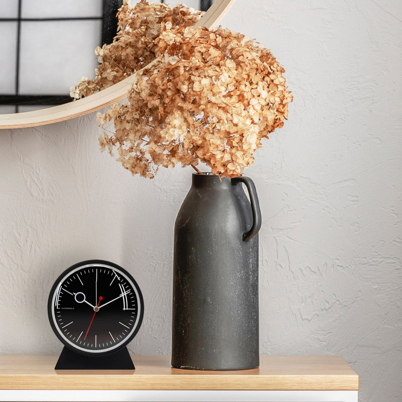 Analog Birch Solid Wood Quartz Alarm Tabletop Clock in Black