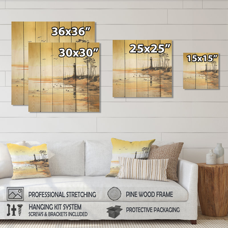 Lighthouse Sunset Beacon I - Coastal Sunset On Wood Print, 15" H x 15" W