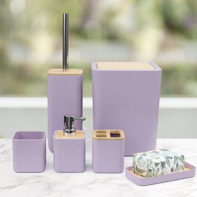 Ensemble de salle de bain 6 pièces en bambou comprenant un distributeur de savon, un porte-brosse à dents, un porte-brosse à dents, un porte-savon pour comptoir décoratif et un cadeau de pendaison de crémaillère, blanc