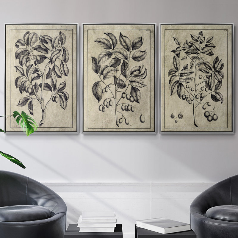 Ensemble de 3 pièces encadrées sur toile embellies Antique Foliage I, Encadrement argenté, H 27 po x l 54 po