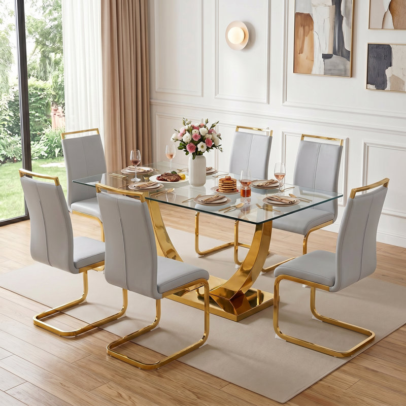 7-Piece Modern 63" Rectangular Tempered Glass Dining Set with Pedestal Base and Faux Leather Cantilever Chairs, Light Gray