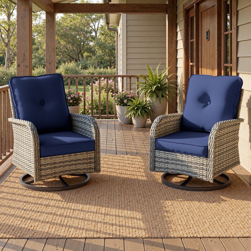  All-Weather Rattan Rocking Swivel Patio Chairs With Cushions, Navy Blue