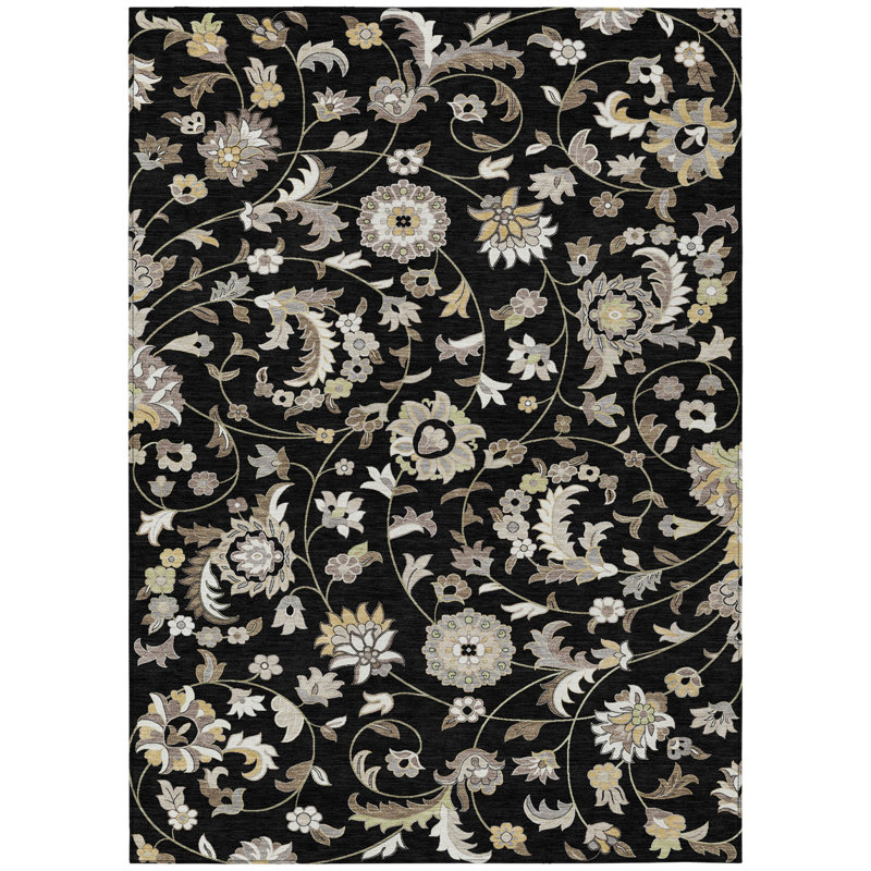 3' X 5' Black Beige And Ivory Floral Washable Indoor Outdoor Area Rug