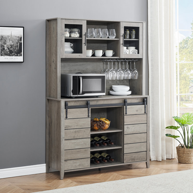 Oak Bar Cabinet,Farmhouse Coffee Bar Cabinet with Sliding Barn Doors, Light Ivory