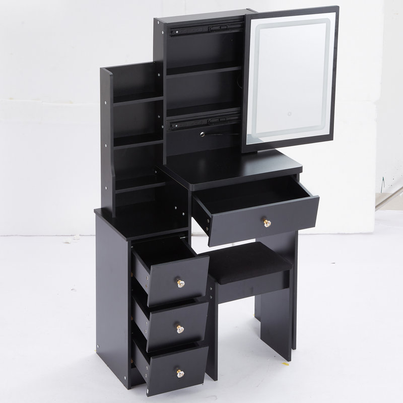 Left Bedside Cabinet Vanity With Color & Brightness Adjustable Led Mirror, Cushioned Stool, , Black, For Small Space Decoration Sized Table Space