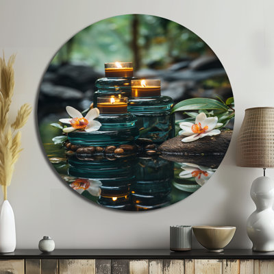 Spa Zen Stones In The River With Candles I - Abstract Round Metal Art