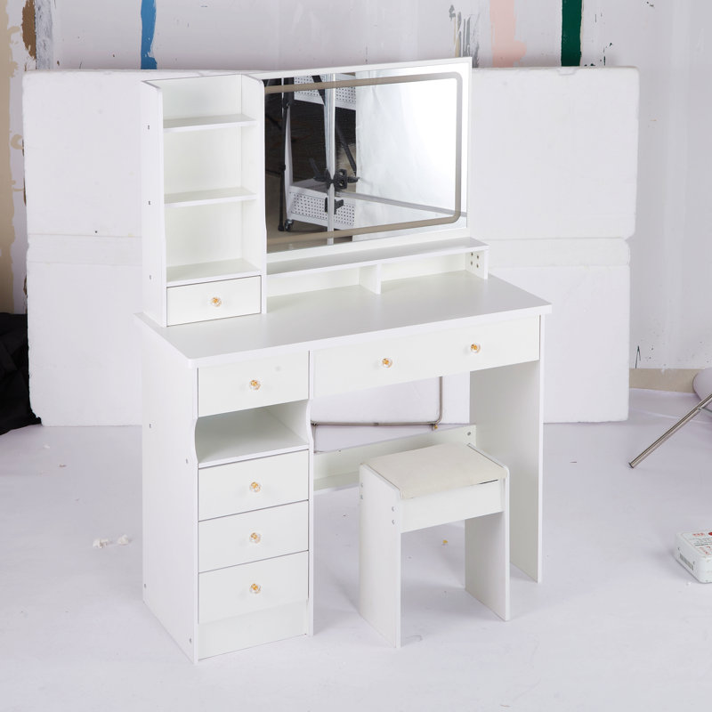 41" Large Sized Desktop Vanity Table + Cushioned Stool, Oversized Desktop, Large Touch Control Led Mirror, 3-Color Switch, Multi Layer High Capacity Storage Fashion Dresser