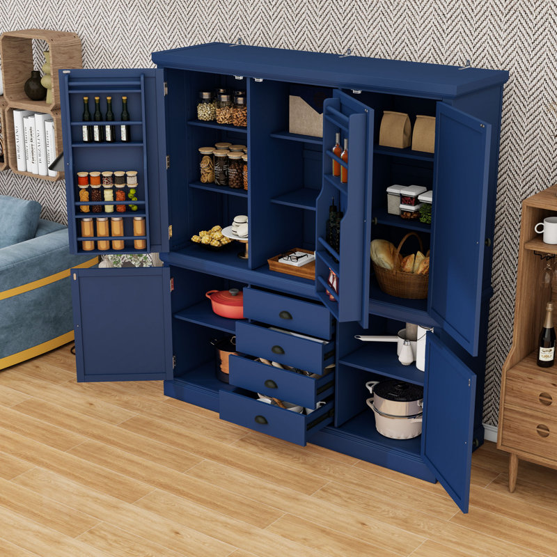 Armoire de cuisine moderne autoportante avec tiroirs, tablettes réglables et dispositifs de sécurité, Blue