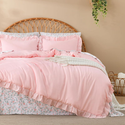 Full Size Comforter Sets - 7 Pieces Ruffle Pink Bed In A Bag, Soft Farmhouse Bedding Sets With Ruffled Comforter, Floral Sheets, Pillowcases & Shams