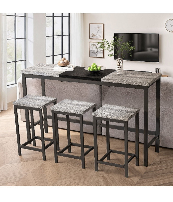 Pub & Kitchen Dining Table Set - 3 Hanging Stools, Modern Long Design for Home