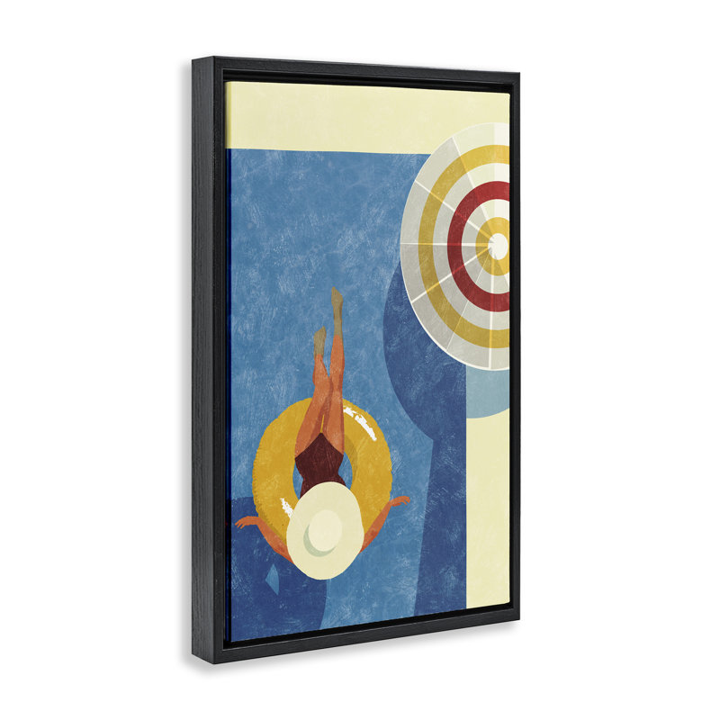 Relaxing on Pool Float Gold Framed Floater Canvas by Victoria Barnes, 25" H x 17" W, Black