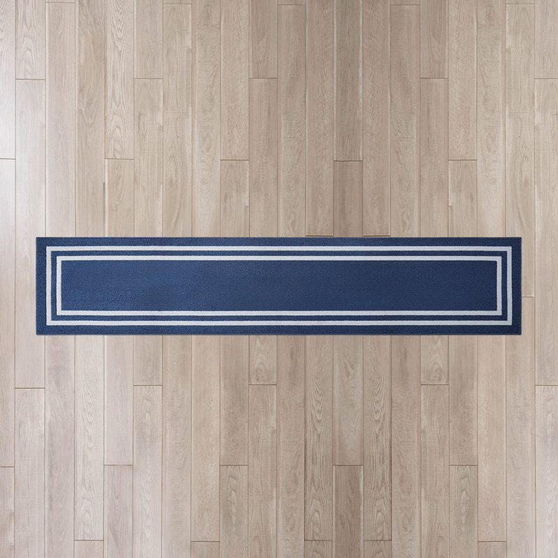 Tapis gris foncé / blanc à double bordure touffeté à la machine, Rectangle 2 pi 6 po x 12 pi