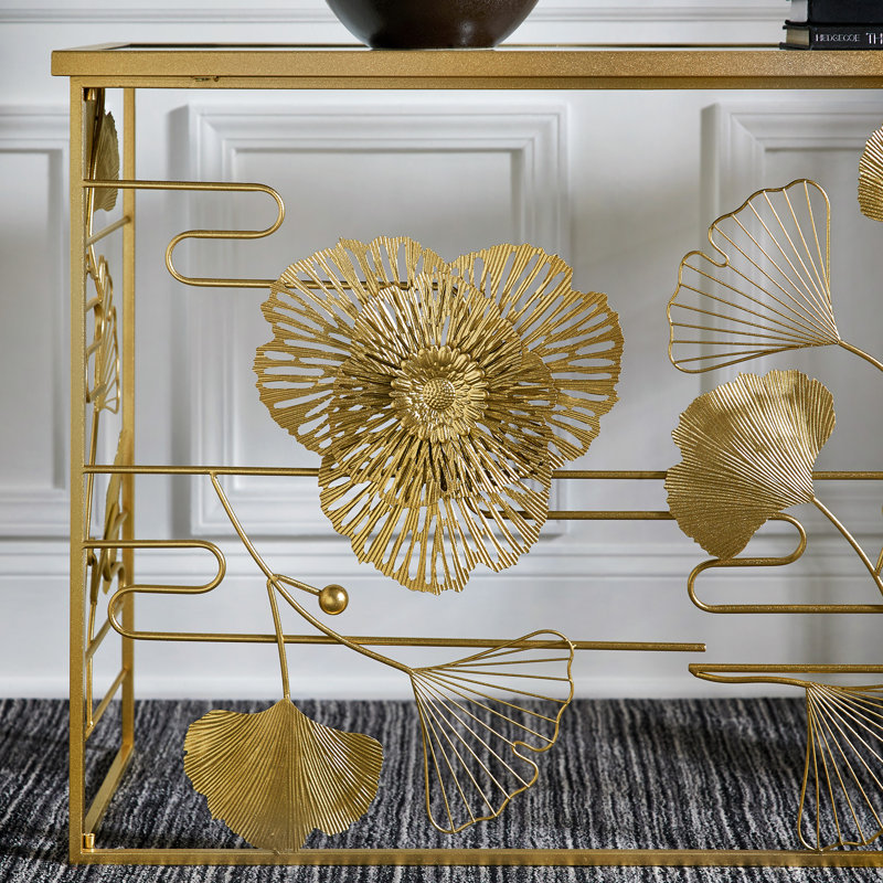 House of Hampton® Lenssen Gold Finish Peony And Ginkgo Console Table ...