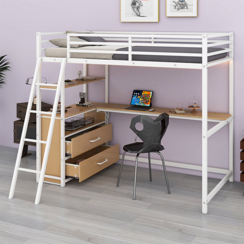 Lit mezzanine simple en métal et bois avec bureau et tablettes, Blanc