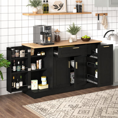 Multi-Functional Storage Sideboard, Extendable Dining Table, Adjustable Shelves, 3-Tier Pull-Out Rack, Kitchen Island Storage for Kitchen, Dining Room, Living Room (Black)