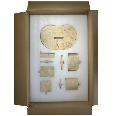 Ensemble d'accessoires de salle de bain en marbre naturel, 6 pièces de décor de salle de bain en marbre véritable beige doré avec boîte à mouchoirs, porte-savon, porte-brosse à dents et pots de rangement
