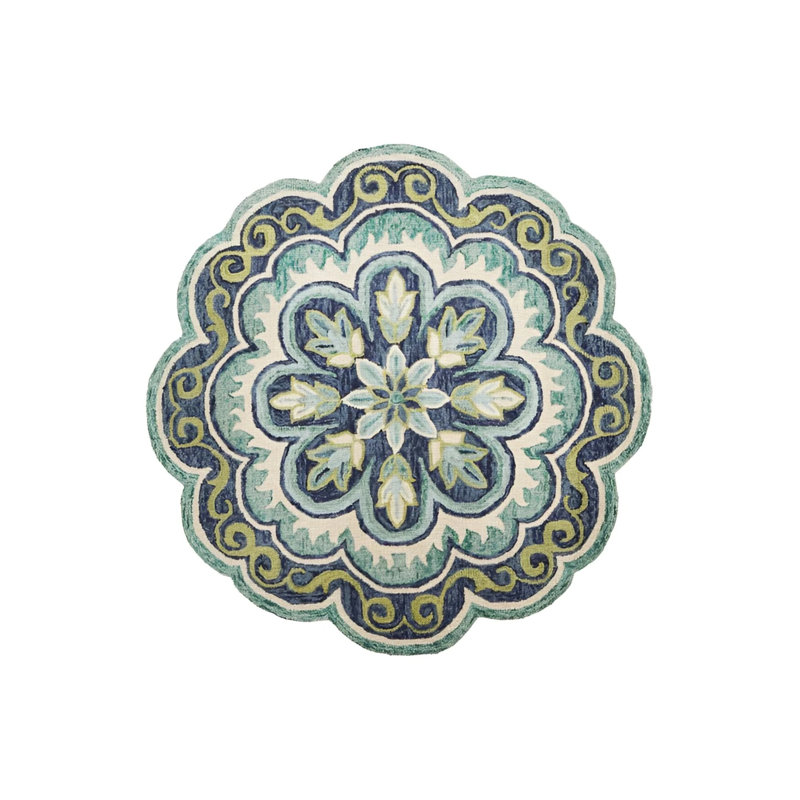 Blue Tone Traditional Motif Floral Patterned Woven Base Round Decorative Carpet, Novelty 4' x 4'