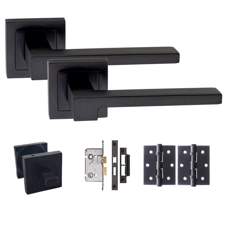  Zeta Design Bathroom Door Handles Lever Latch on Square Rose in Matt Black Finish with Tubular Latch and Pair of 3" Ball Bearing Hinges