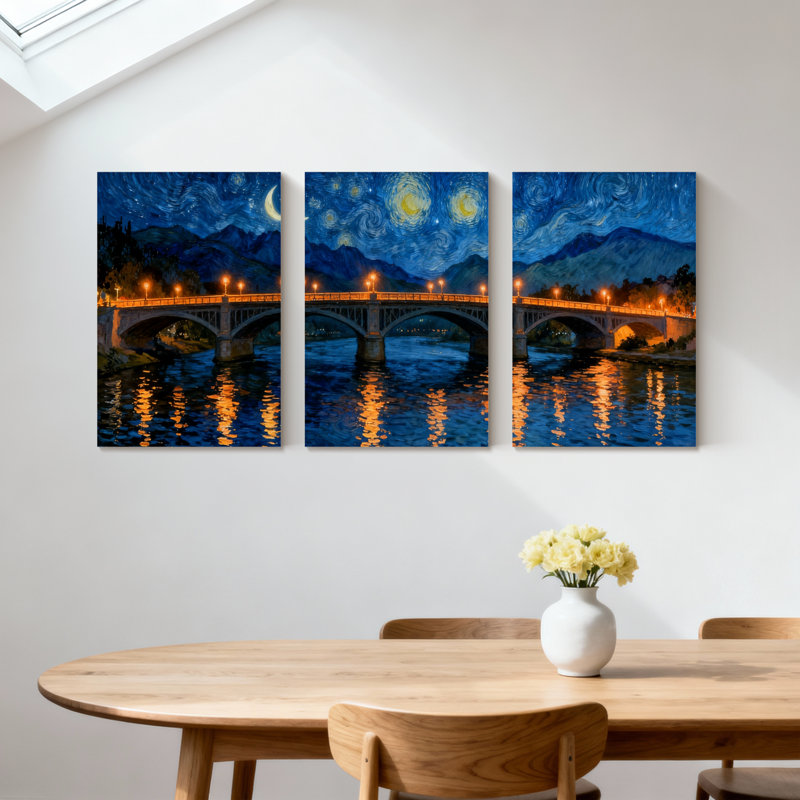 Abstrait nuit étoilée, pont, réflexion, ensemble de 3 impressions sur toile, H 24 po x l 48 po