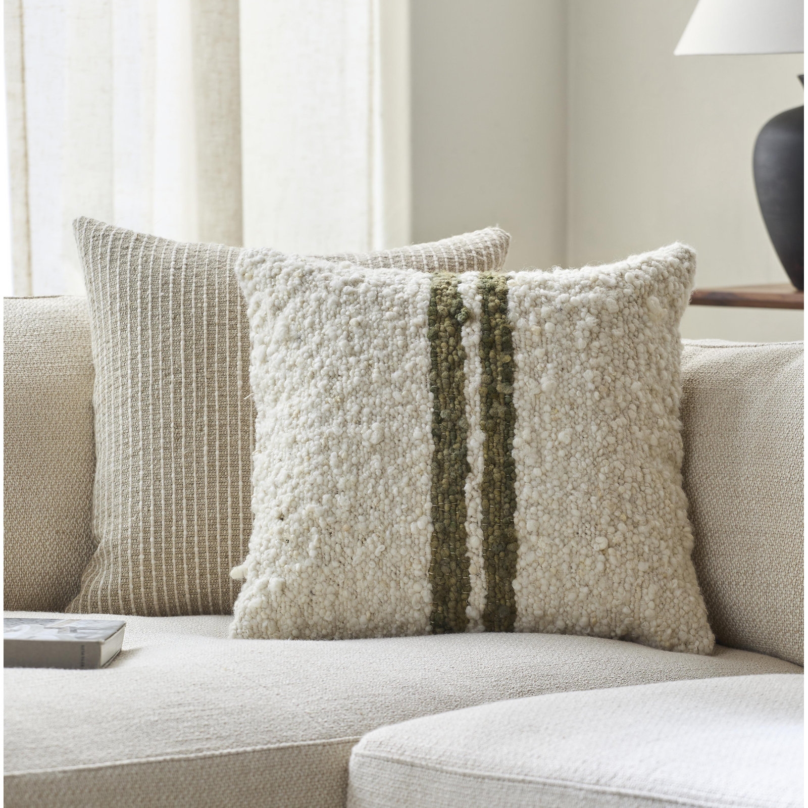 Alivia Striped Throw Pillow, 18" x 18", Olive Green, Down