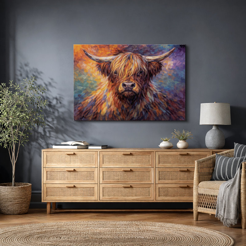 «Highland Cow», art animalier coloré, impression sur toile encadrée, H 24 po x l 36 po x P 1,5 po, Toile tendue