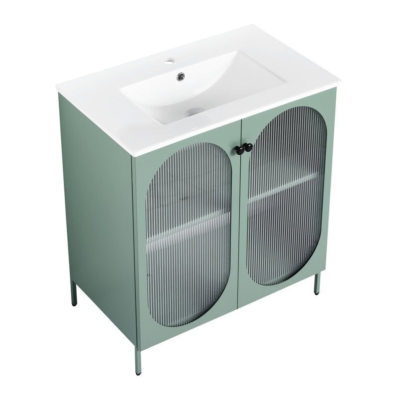 Meuble-lavabo de salle de bain moderne 30 po - Armoire autoportante en acier et céramique menthe, Green