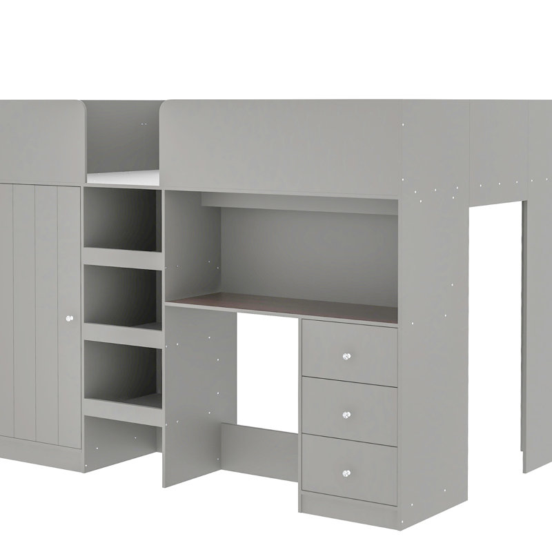 Lit mezzanine gris avec garde-robe, bureau, rangement et tiroirs coulissants