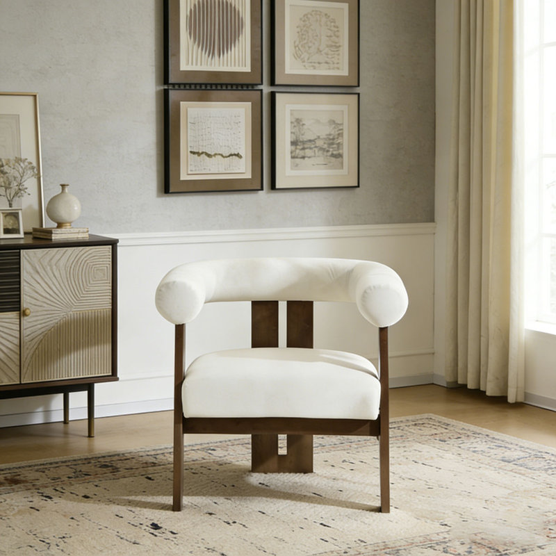 Chaise d'appoint moderne rembourrée avec accoudoirs ronds, Beige