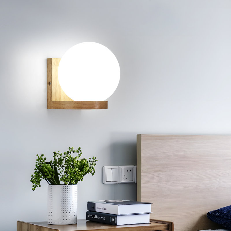 Minimalist 17cm Glass Globe Wooden Base Wall Light