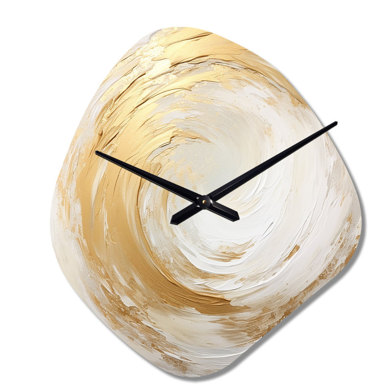 Or et blanc Vortex doux V - horloge asymétrique en métal spirales abstraites, forme unique d'horloge murale beige, Grand