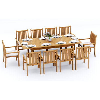11 Pcs Grade-A Teak Wood Dining Set: 94" Double Extension Mas Rectangle Trestle Leg Table And 10 Angarano Stacking Arm Chairs #11CH2110