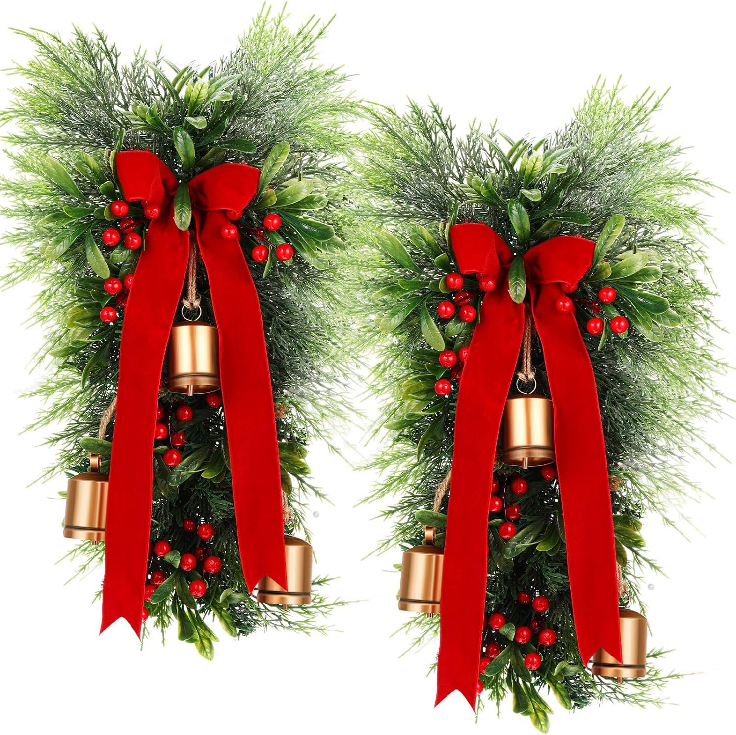 TSYFM Christmas Teardrop Swags - 2 Pack 21.6" Artificial Pine Swag With Red Berries, Bow & Pinecones For Door & Table Decor