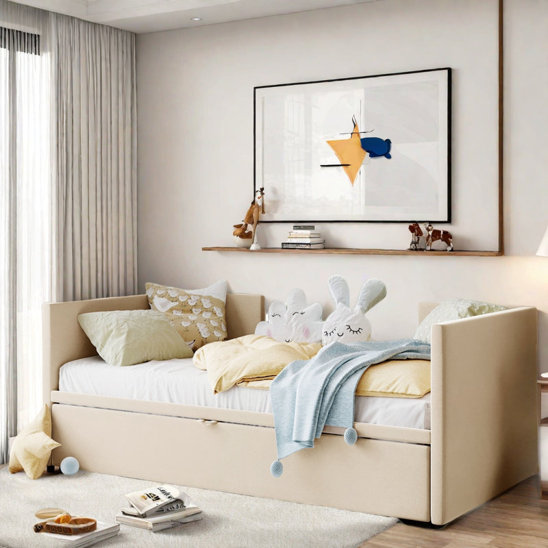 Lit de jour rembourré avec lit gigogne, Beige