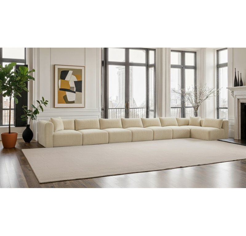 Canapé modulaire en L Carmean Performance, Velours côtelé texturé crème, 6 sans accoudoirs, 2 en coin