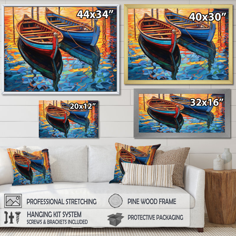 Deux bateaux dans le port II sur toile, H 30 po x l 40 po x P 1,5 po, Cadre flottant noir