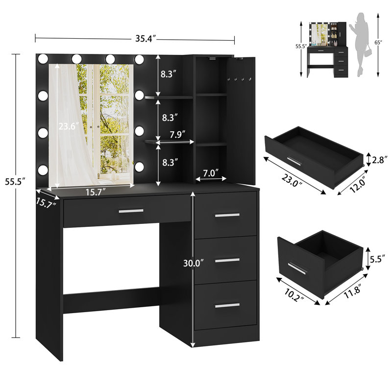 Meuble-lavabo avec miroir, cadeaux de Noël lumineux, bureau de meuble-lavabo avec 4 tiroirs et tablettes ouvertes pour la chambre à coucher, noir