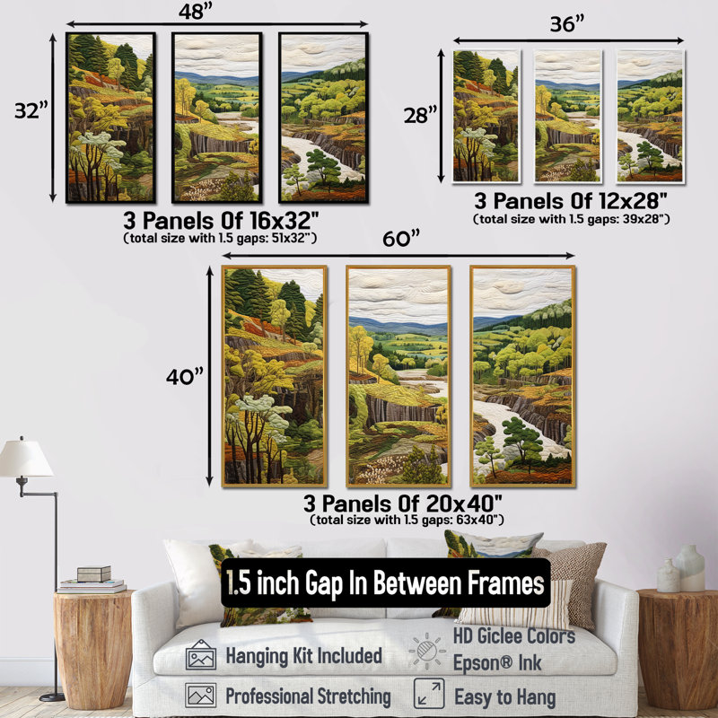 «Green Wondering Pastoral Harmony - River Print», ensemble d'art mural, Cadre naturel flottant, H 32 po x l 48 po x P 1 po