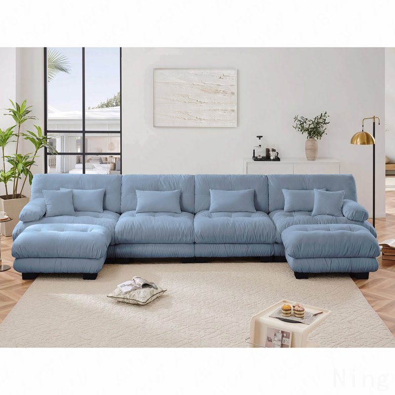 Canapé modulaire en U dans des pièces familiales spacieuses, canapé modulaire à combinaison libre, canapé pour le salon, canapé 4 places avec 2 repose-pieds, bleu chenille