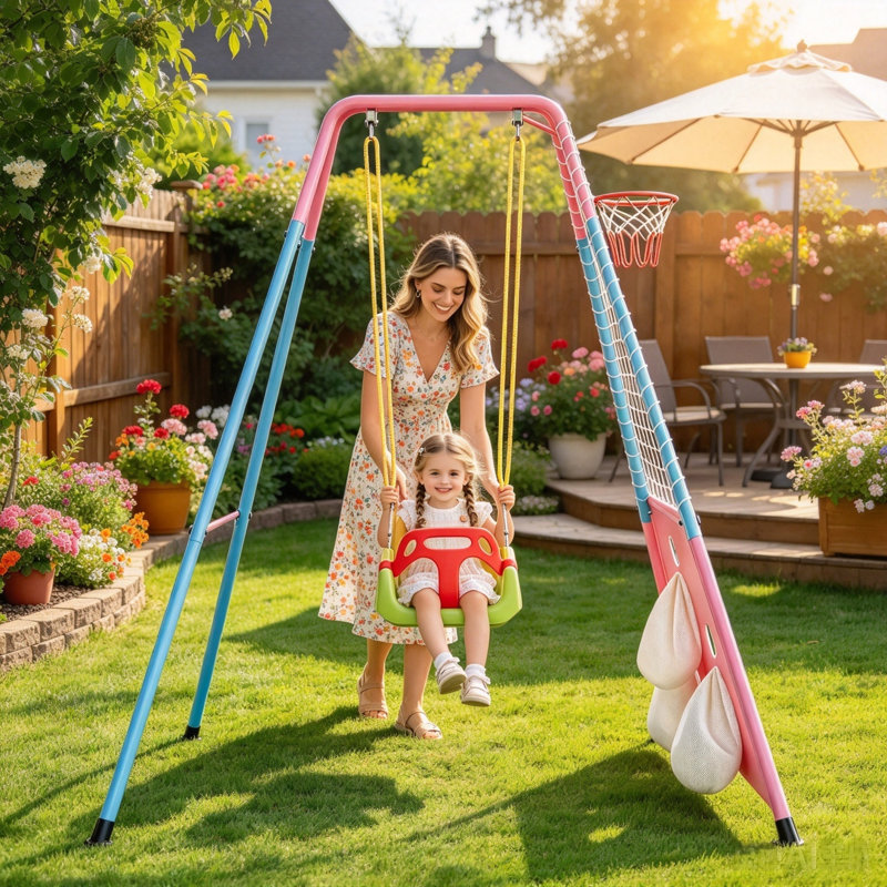3-in-1 Toddler Swing Set with Basketball Hoop and Soccer Goals , Indoor/Outdoor Baby Swing with Foldable Metal Stand, Kids Swing Set for Backyard, Clear Instructions, Easy to Assemble & Store