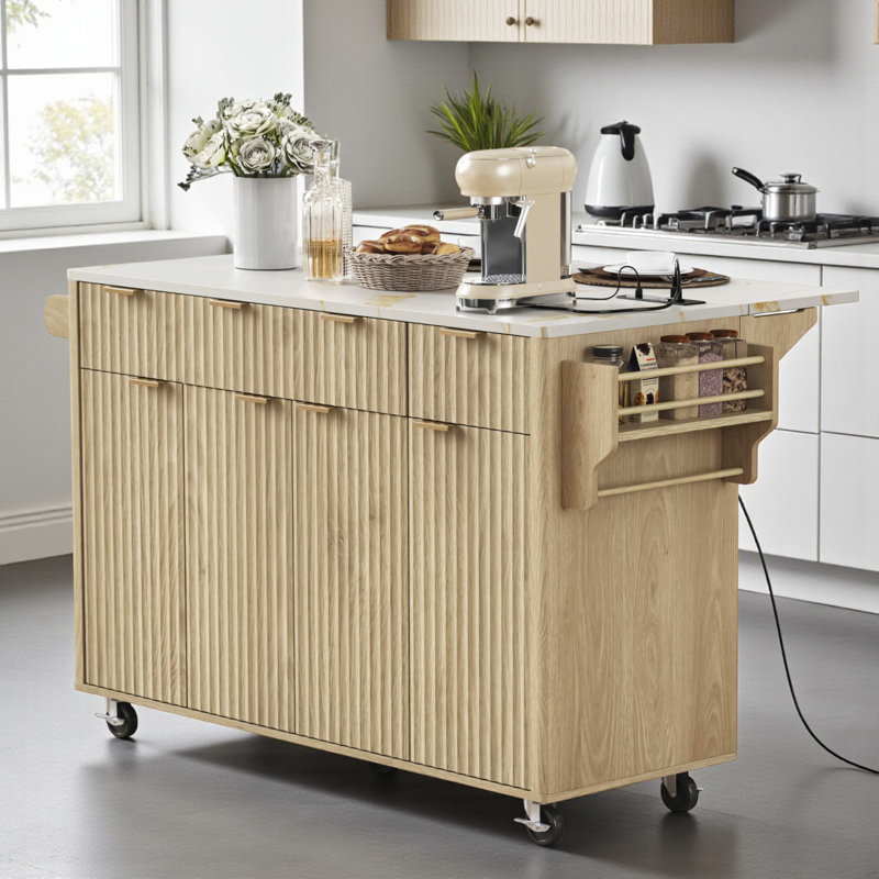 55.5" Wide Kitchen Island With Drop Leaf, 35.85" H x 55.5" W x 28.9" D, Natural/Faux Marble