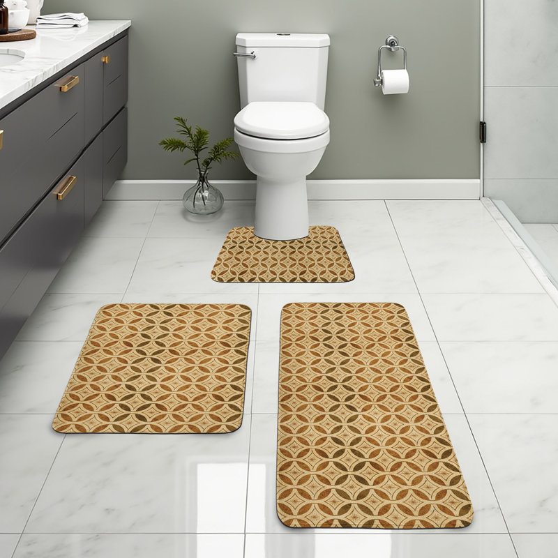  Vintage Bathroom Rug Set 3 Pieces U-Shape & Rectangle Mats Caramel and Beige