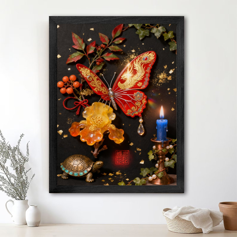 Art rétro encadré noir avec papillons brillants flottant fleurs et bougies, H 37 po x l 25 po