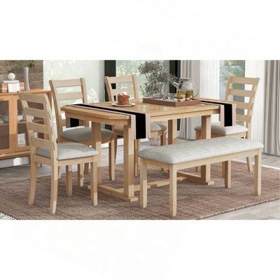 Ensemble de table de salle à manger en bois d'hévéa Trexm 6 pièces avec magnifique placage en bois massif à motif de grain de bois et brosse métallique douce