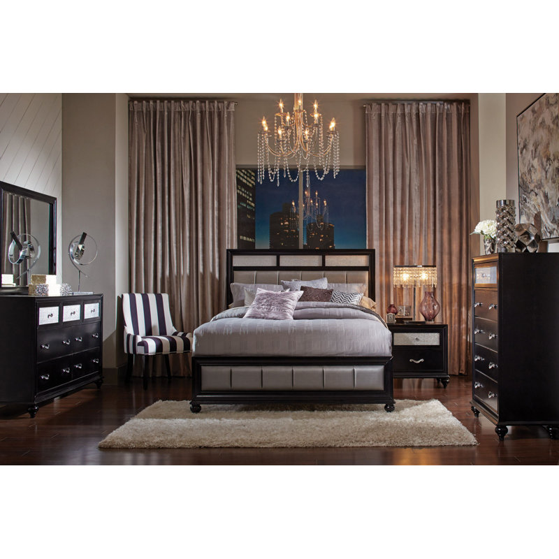 Ensemble de chambre à coucher, Grand lit, Blanc / Gris, Ensemble de 4 pièces : lit, table de chevet, comm