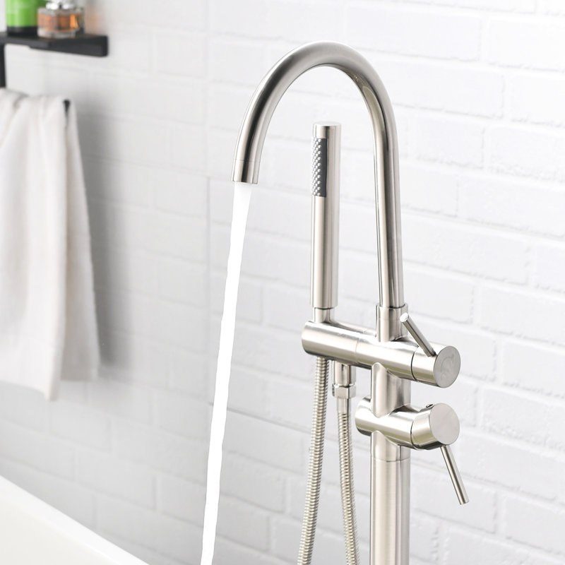 Robinet de baignoire à fixation au sol en nickel brossé, douche à main, robinet de salle de bain à poignée simple à base stable avec conception classique