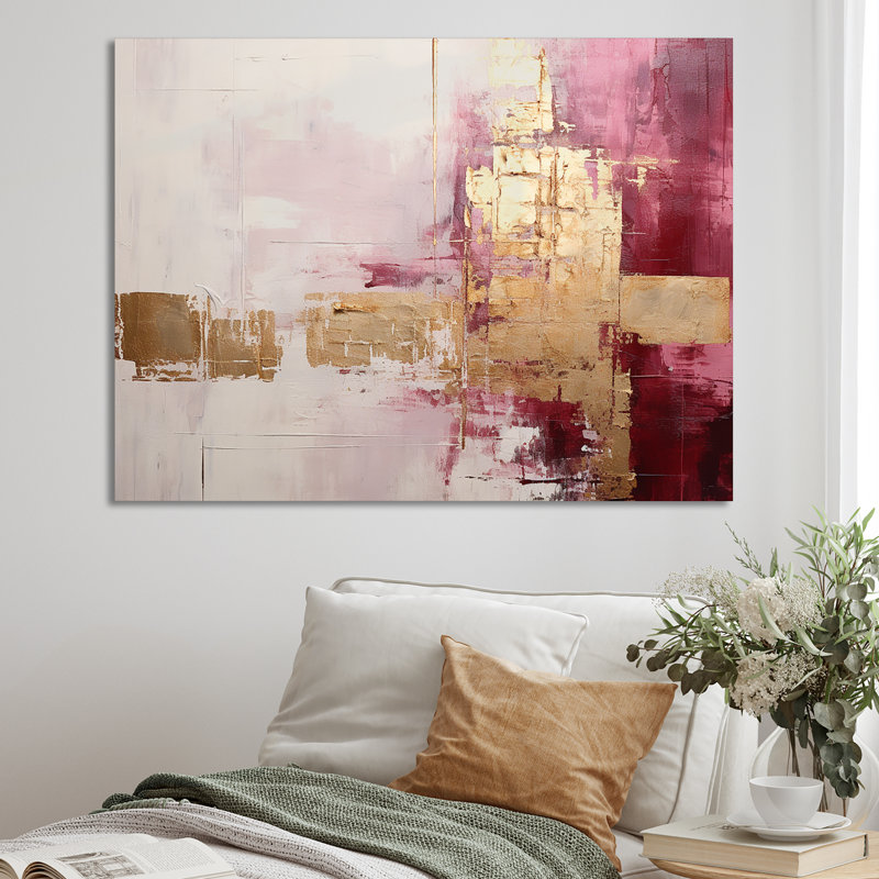 Minimalisme, horizon rose et doré - peinture abstraite, art mural, H 16 po x l 32 po x P 1 po, Toile tendue